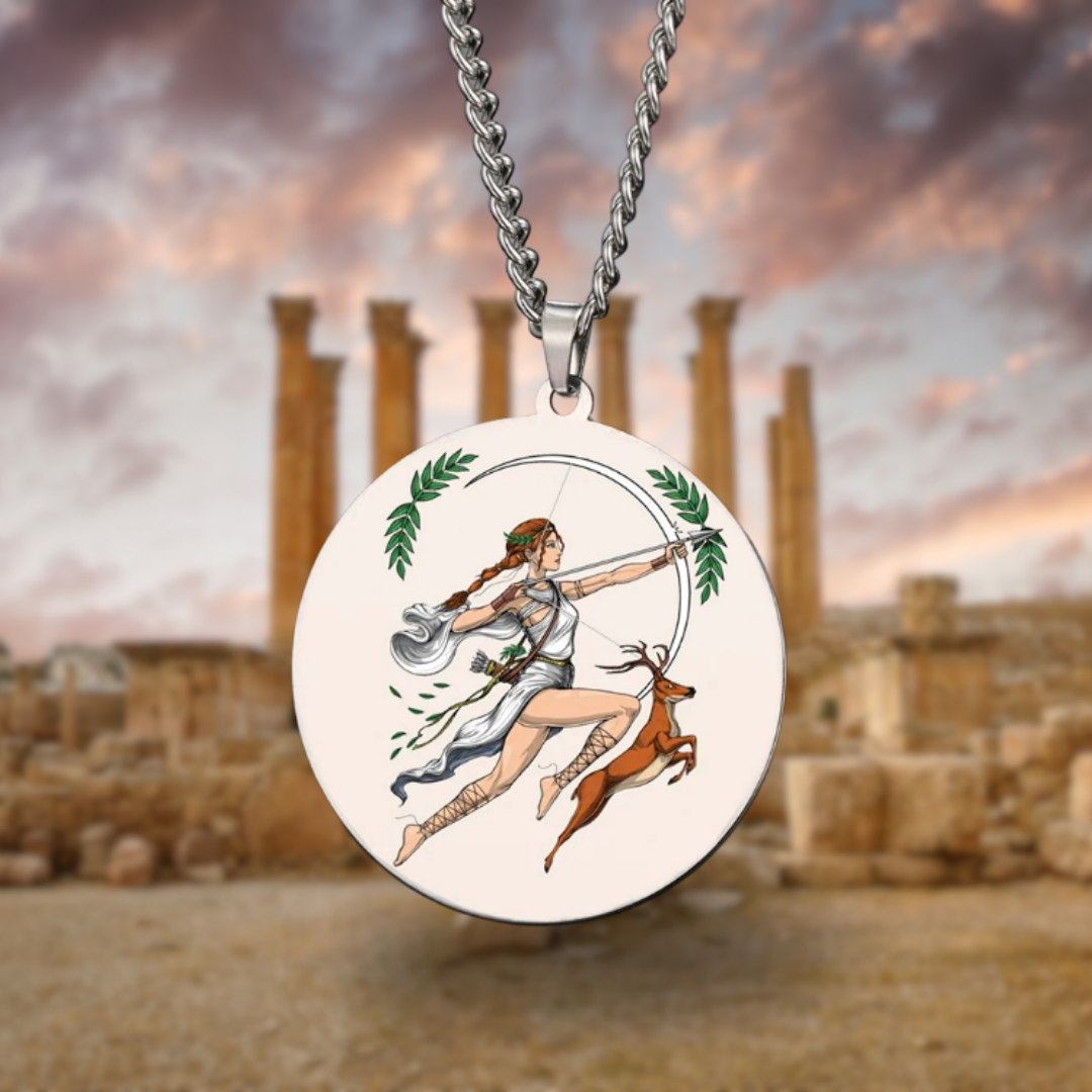 Medallion with a design of Goddess Artemis with a bow and a deer, against an ancient ruins backdrop.