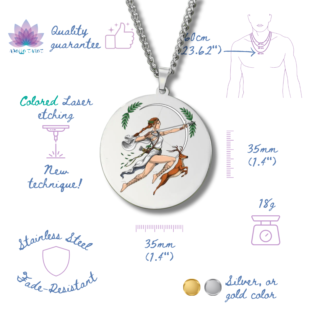 Jewelry necklace with a Goddess Artemis design on a white background, featuring measurements and material information.
