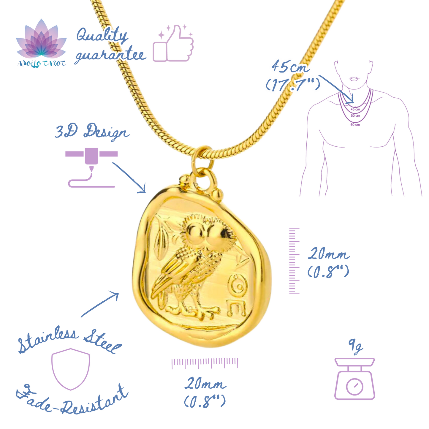 Athena Owl Coin Necklace | Ancient Greek Tetradrachm Choker | Athenian AOE Letters Carved Pendant | Freedom Jewelry Amulet | Apollo Tarot Shop