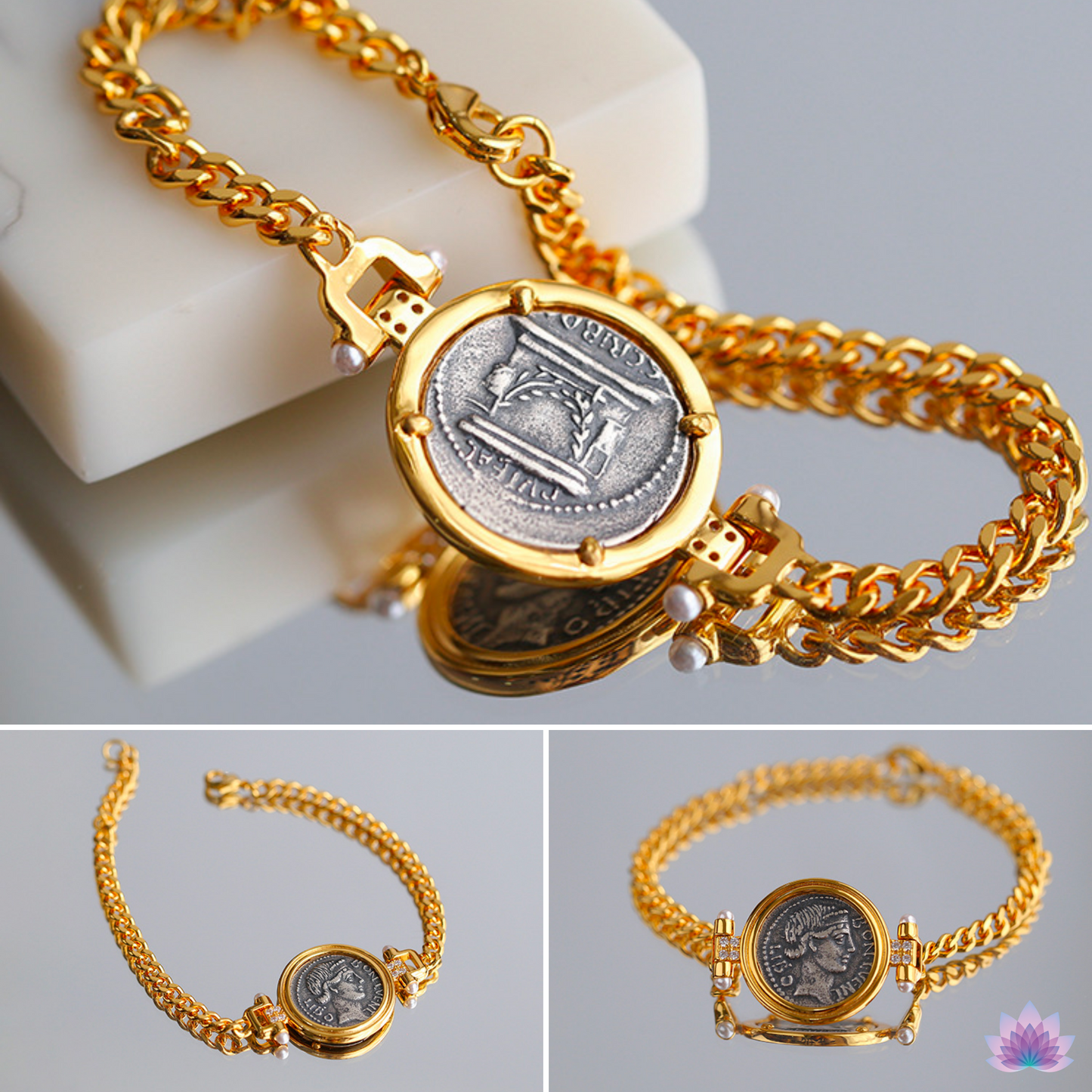 Pulseira de Moeda Romana Bônus Eventus ⚬ Amuleto do Sucesso, Pingente Réplica de Denário de Prata Antigo ⚬ BON. EVENT. LIBO. Joia da República Romana com Relevo Dupla Face