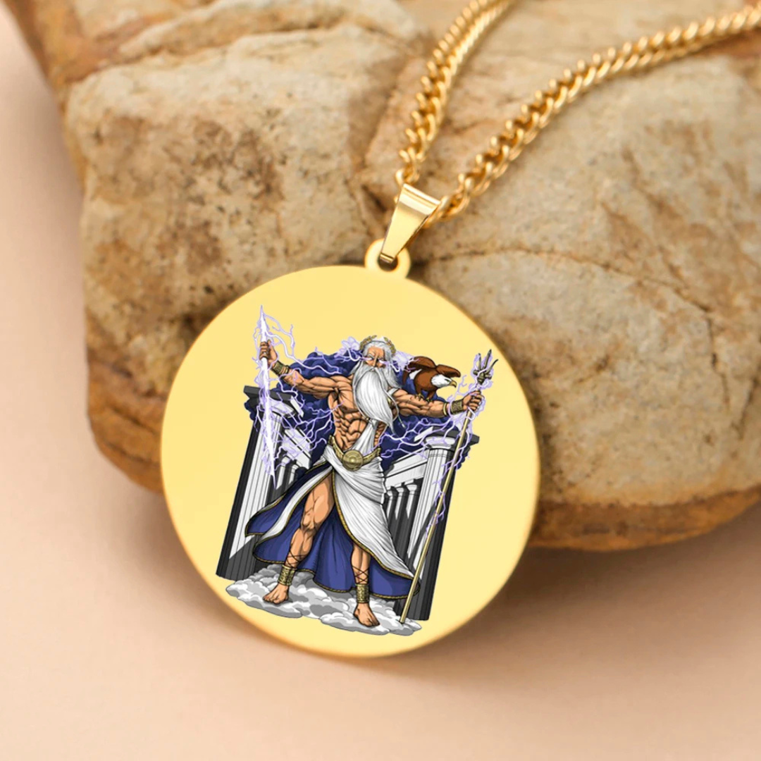 Gold pendant with an illustration of the Greek God Zeus on a beige background