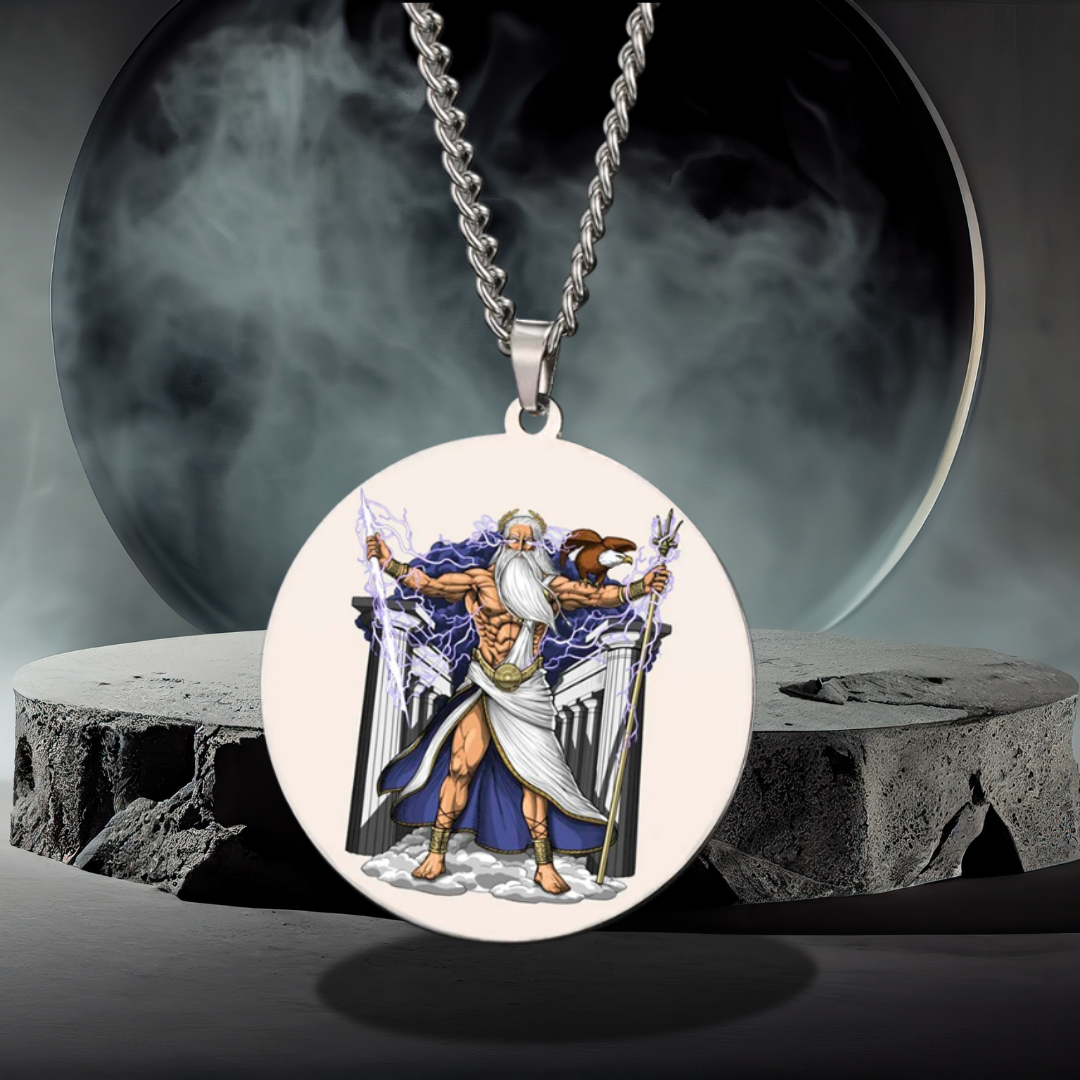 Necklace with pendant featuring a Greek God Zeus on a dark background
