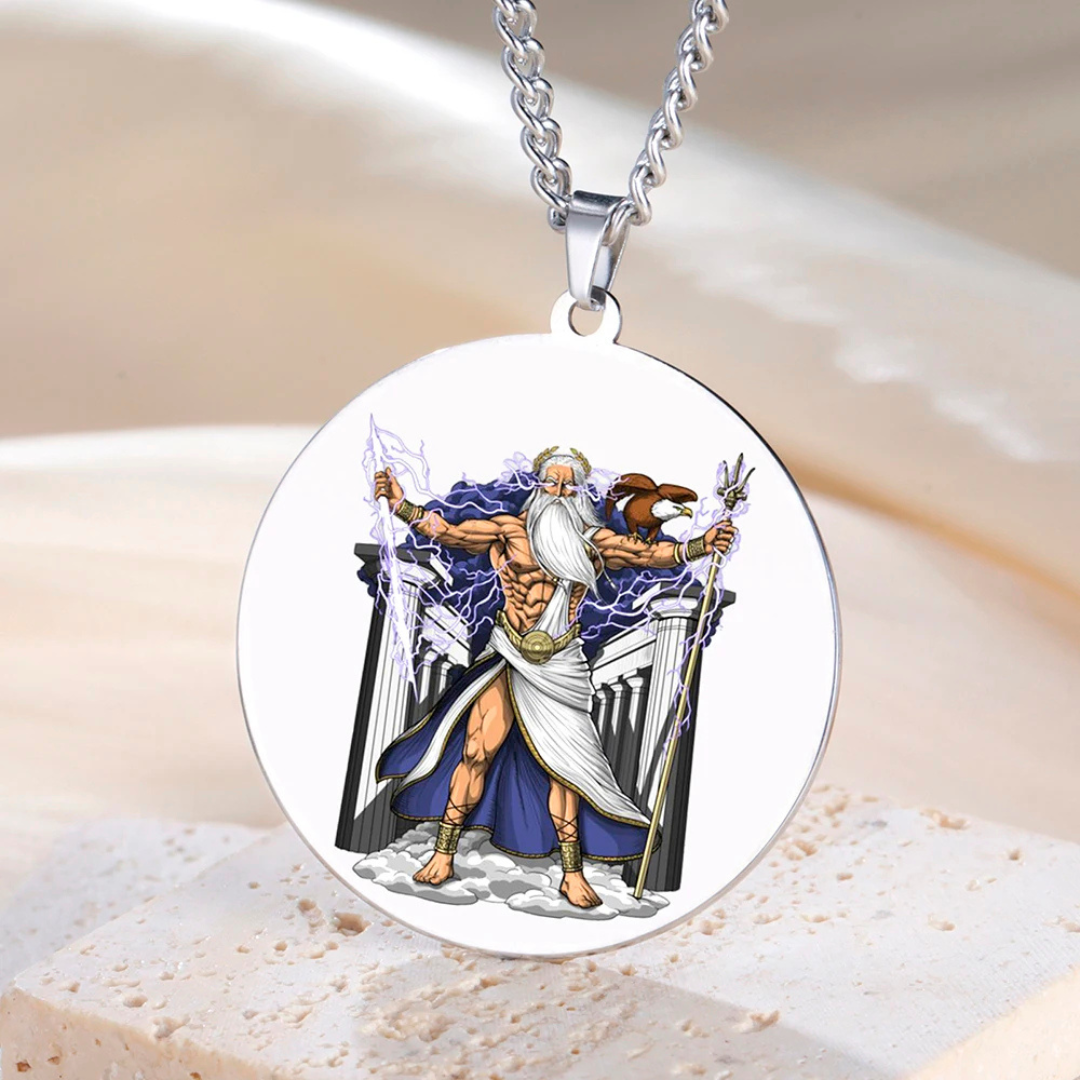 Colored Greek Mythology Zeus Necklace • Jupiter Pagan Worship Round Pendant • Ancient Greece Stainless Steel Jewelry