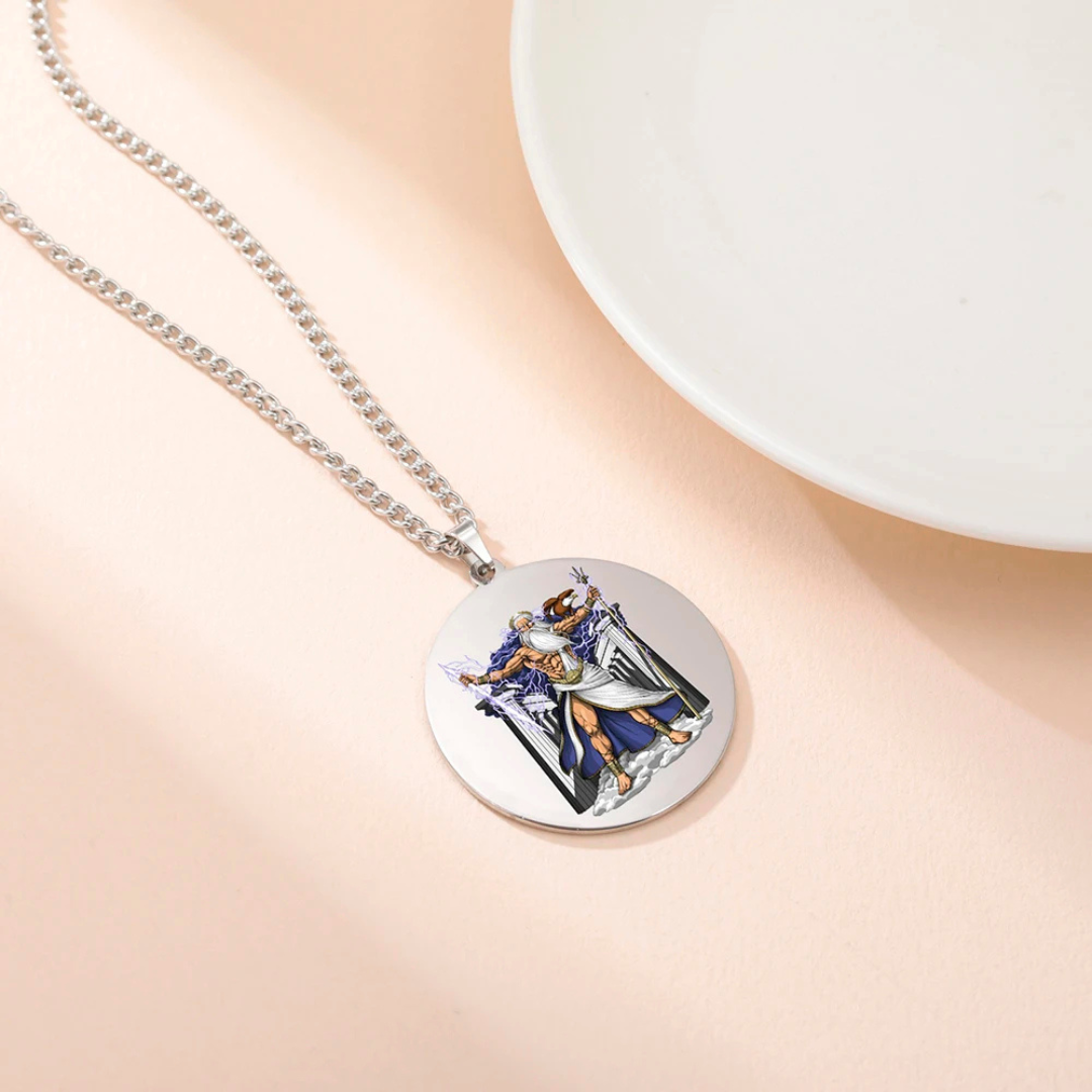 Necklace with a round pendant featuring a Greek God Zeus illustration on a beige surface