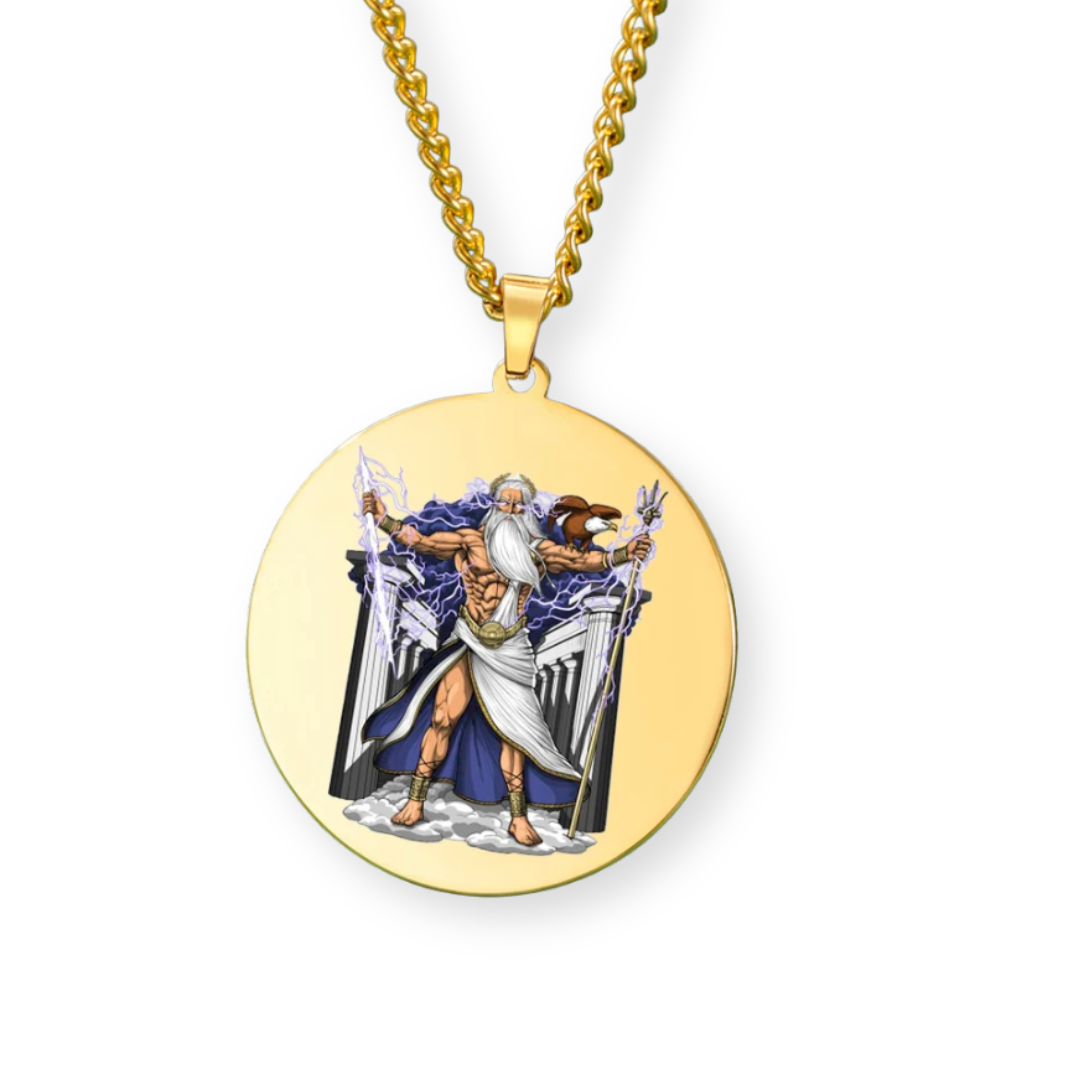 Colored Greek Mythology Zeus Necklace • Jupiter Pagan Worship Round Pendant • Ancient Greece Stainless Steel Jewelry