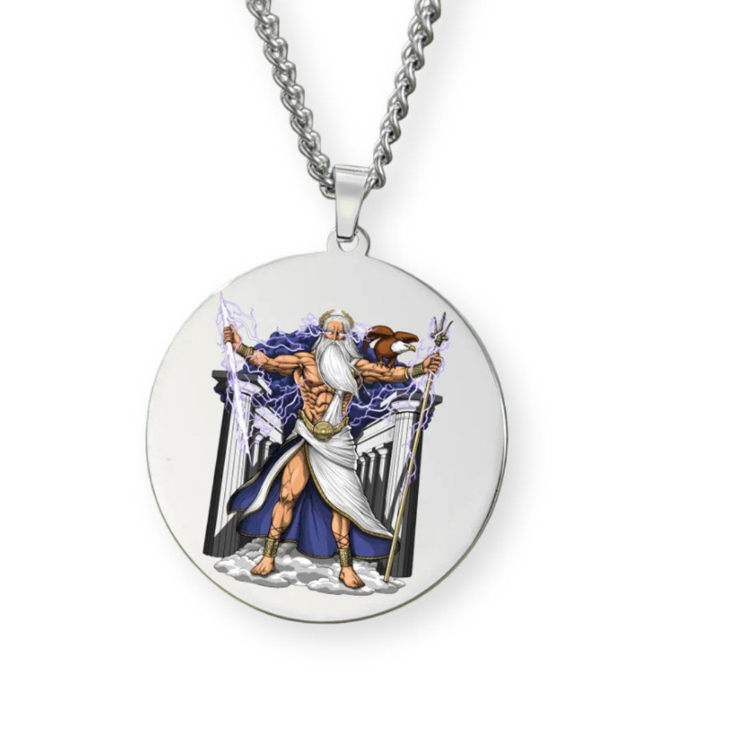 Colored Greek Mythology Zeus Necklace • Jupiter Pagan Worship Round Pendant • Ancient Greece Stainless Steel Jewelry