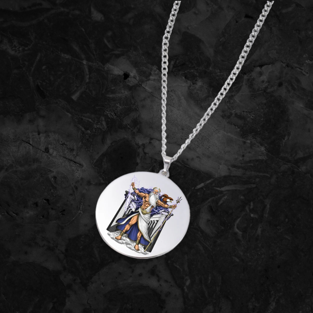 Colored Greek Mythology Zeus Necklace • Jupiter Pagan Worship Round Pendant • Ancient Greece Stainless Steel Jewelry