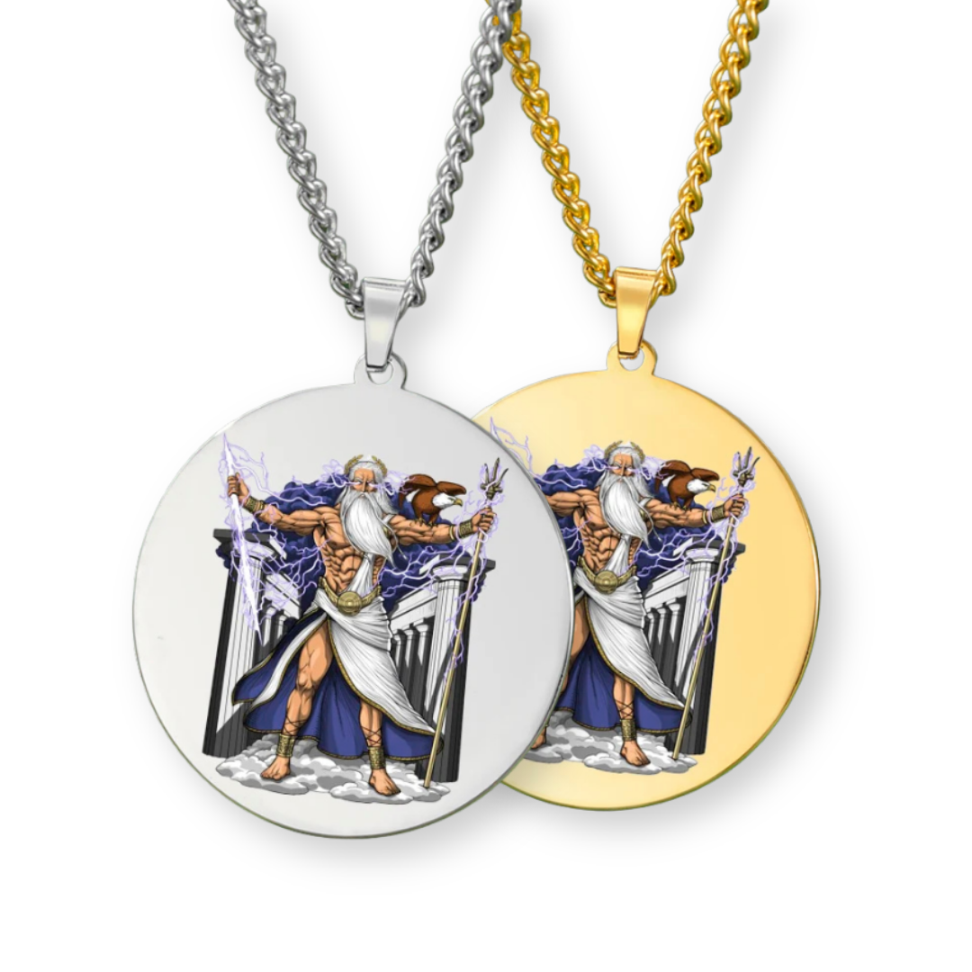 Two circular pendants featuring Greek God Zeus designs, set on silver and gold chains.