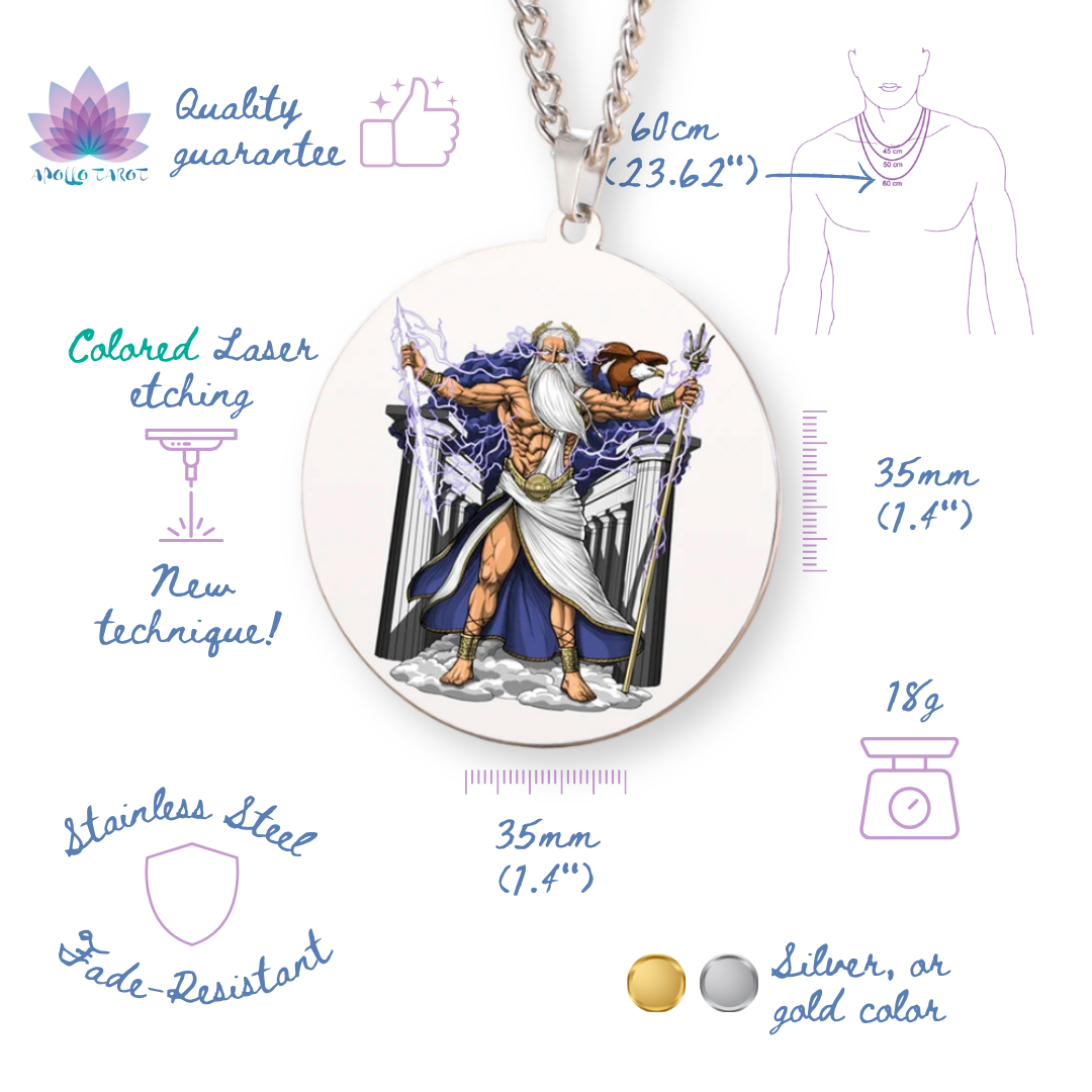Necklace with Greek God Zeus pendant and product details on a white background