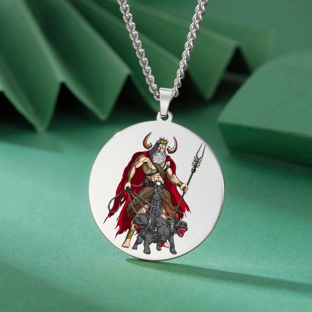 Medallion pendant with a Hades & Cerberus design on a green background