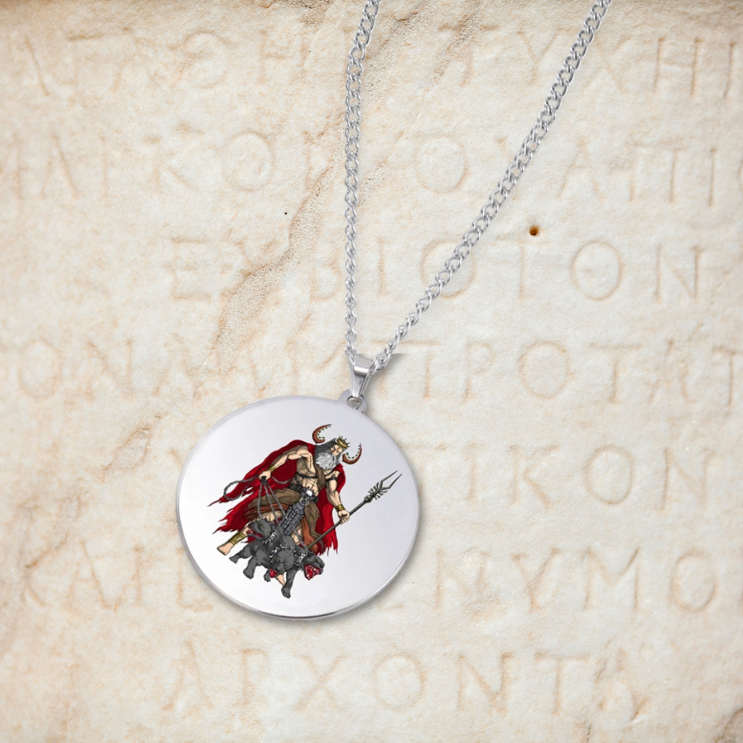 Round pendant with Hades & Cerberus design on a chain against an ancient text background