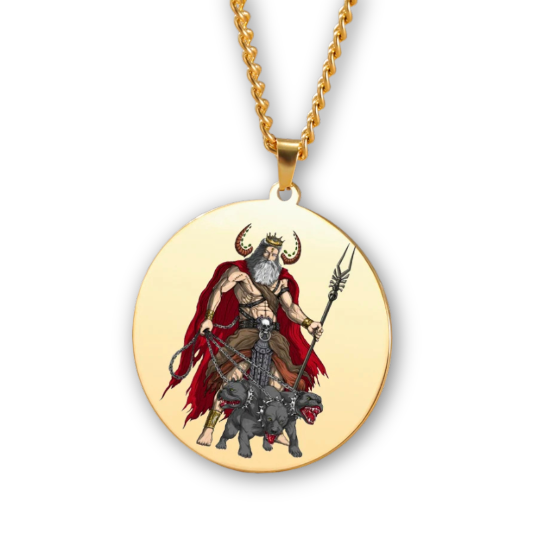 Gold pendant with a Hades & Cerberus design on a white background