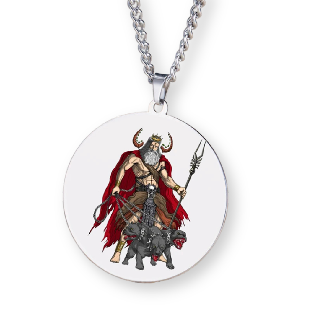 Necklace with pendant featuring Hades & Cerberus on a white background