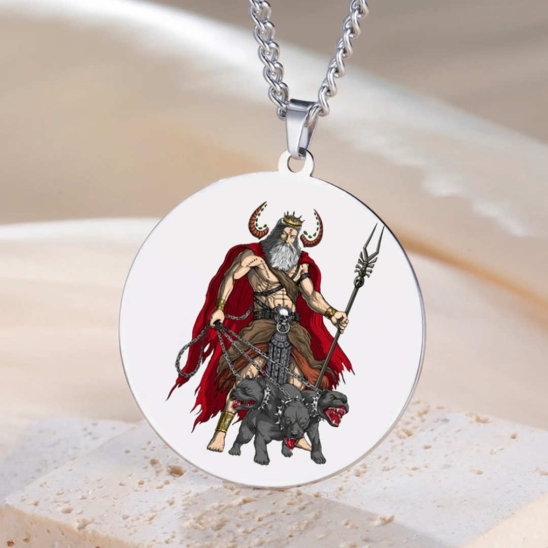 Necklace with pendant featuring Hades & Cerberus on a beige background