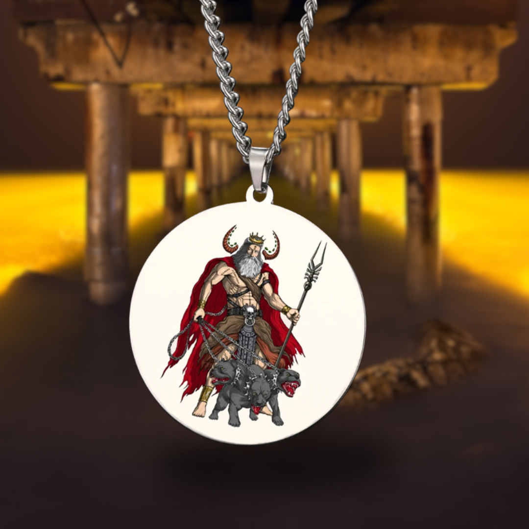 Medallion with Hades & Cerberus design on a chain against a blurred background