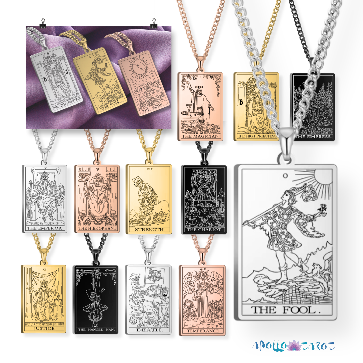 Major Arcana Tarot Card Necklace • Silver, Gold, Black, or Rose Gold Engraved Stainless Steel Trump Waite Cards Pendants • Witchy Jewelry • Papagaio Studio Design Shop