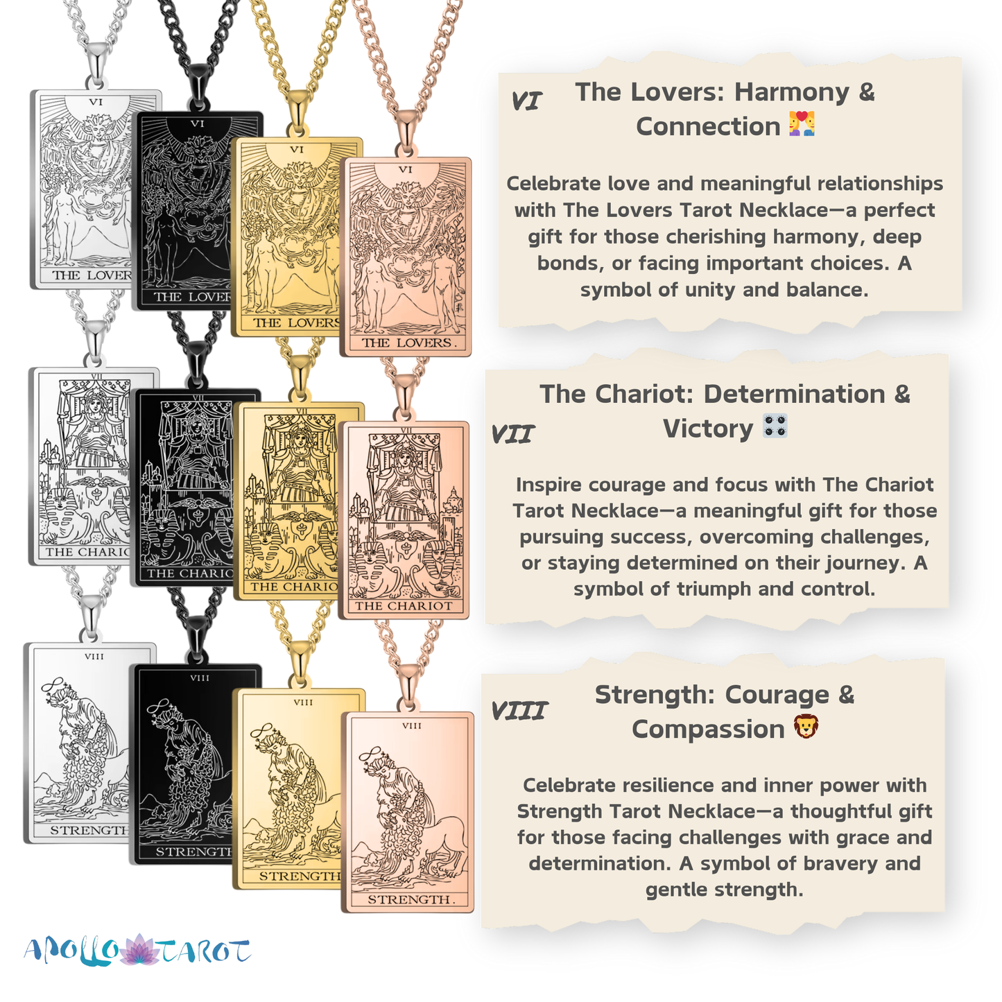 Major Arcana Tarot Card Necklace • Silver, Gold, Black, or Rose Gold Engraved Stainless Steel Trump Waite Cards Pendants • Witchy Jewelry • Papagaio Studio Design Shop