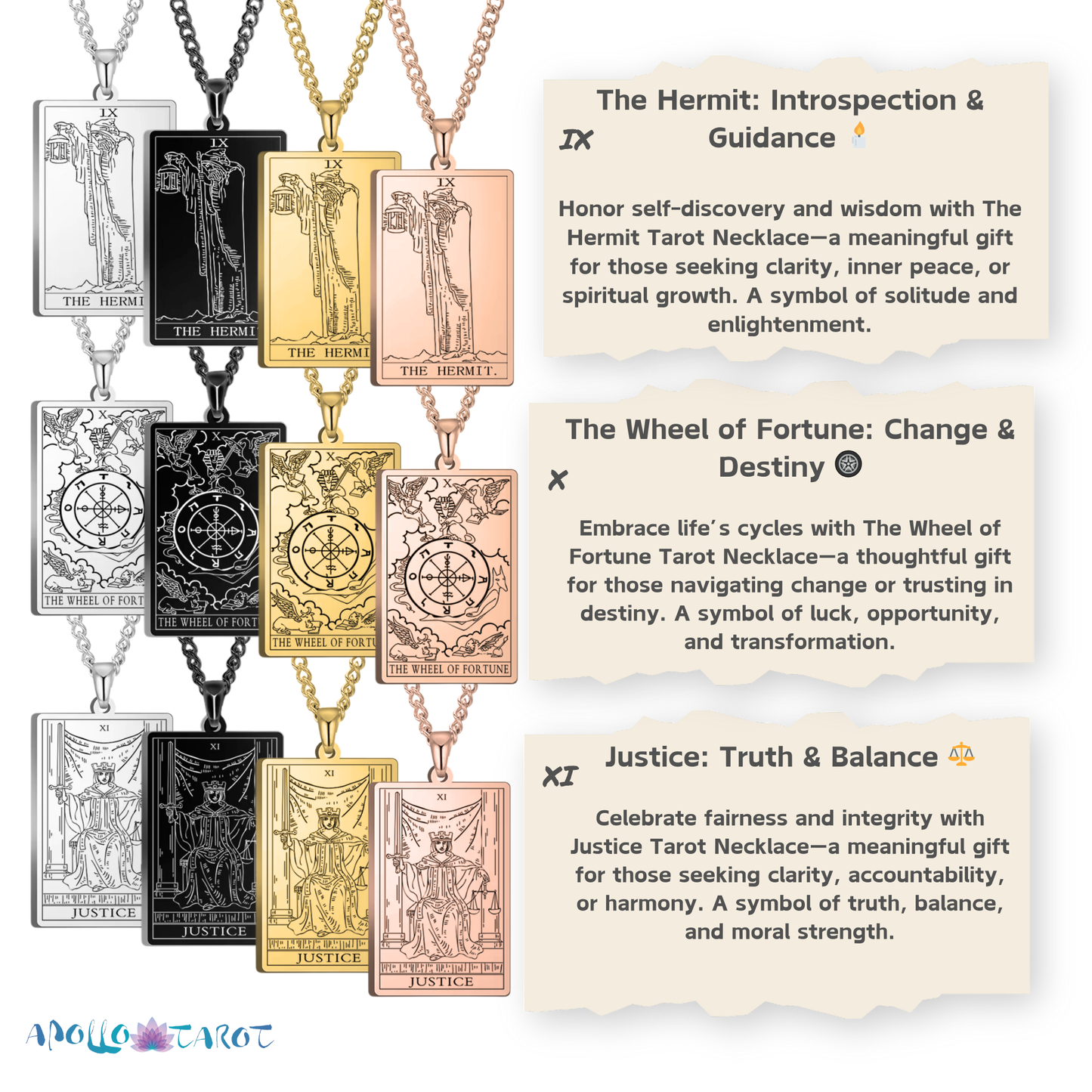 Major Arcana Tarot Card Necklace • Silver, Gold, Black, or Rose Gold Engraved Stainless Steel Trump Waite Cards Pendants • Witchy Jewelry • Papagaio Studio Design Shop