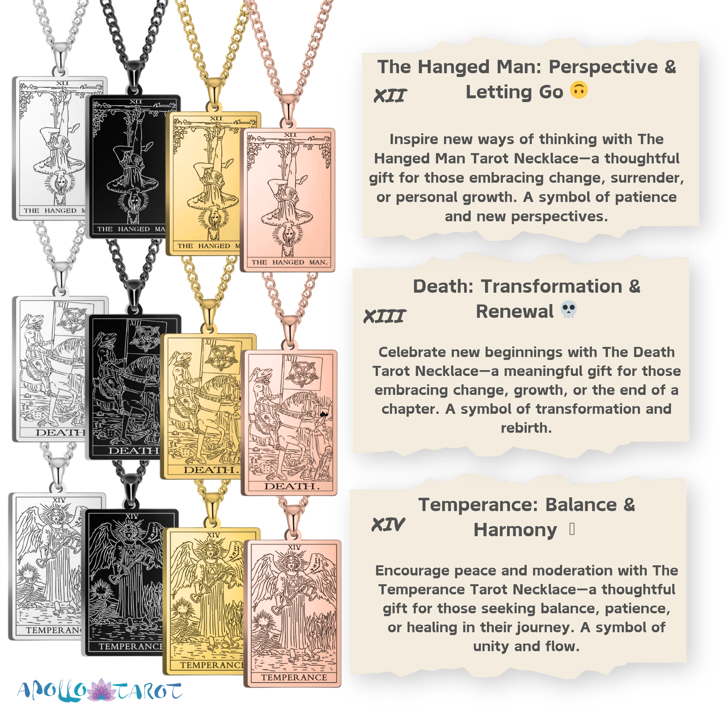 Major Arcana Tarot Card Necklace • Silver, Gold, Black, or Rose Gold Engraved Stainless Steel Trump Waite Cards Pendants • Witchy Jewelry • Papagaio Studio Design Shop