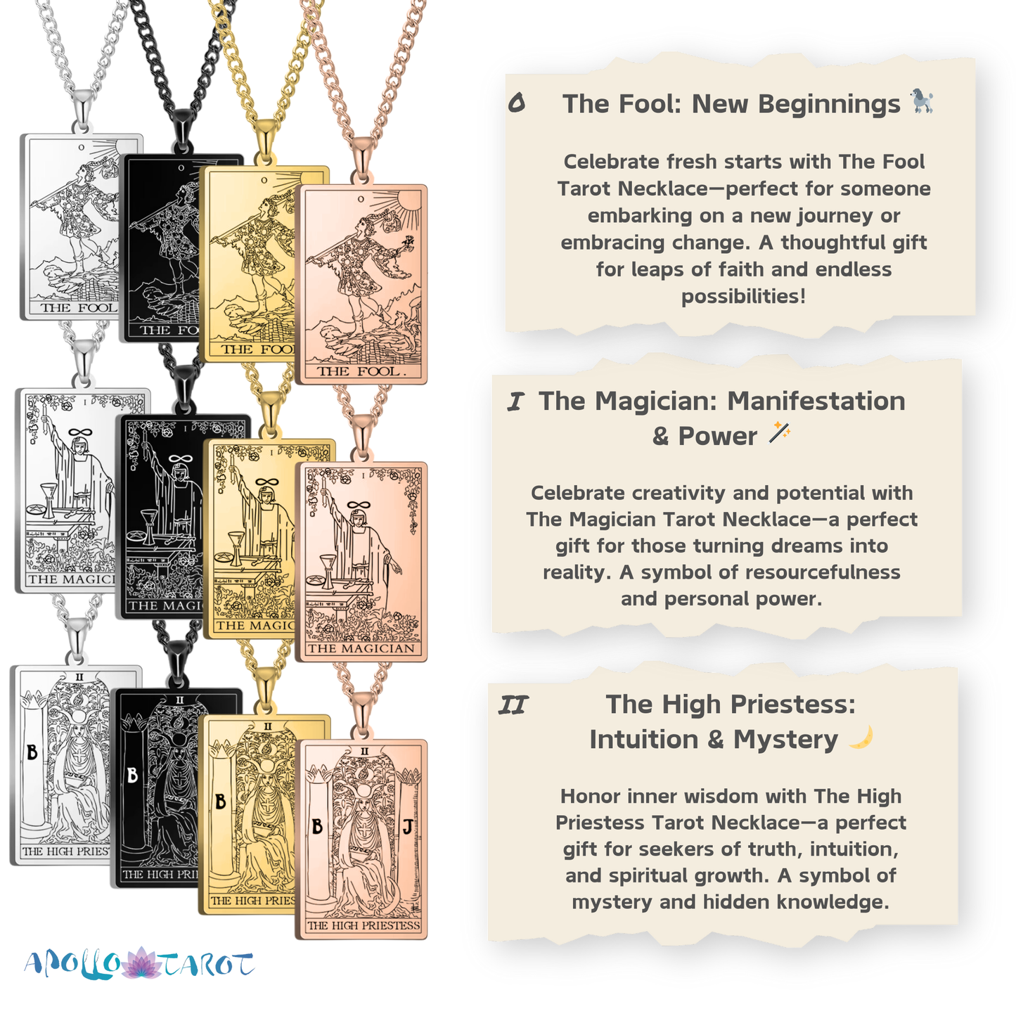Major Arcana Tarot Card Necklace • Silver, Gold, Black, or Rose Gold Engraved Stainless Steel Trump Waite Cards Pendants • Witchy Jewelry • Papagaio Studio Design Shop
