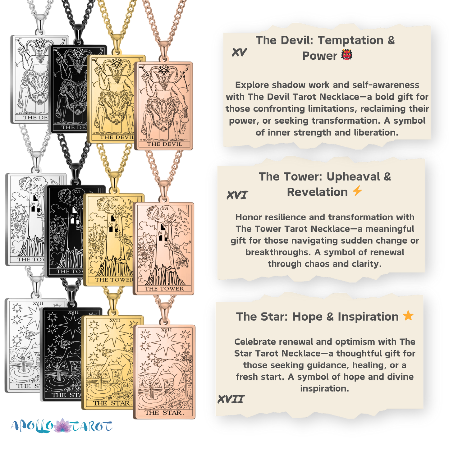 Major Arcana Tarot Card Necklace • Silver, Gold, Black, or Rose Gold Engraved Stainless Steel Trump Waite Cards Pendants • Witchy Jewelry • Papagaio Studio Design Shop