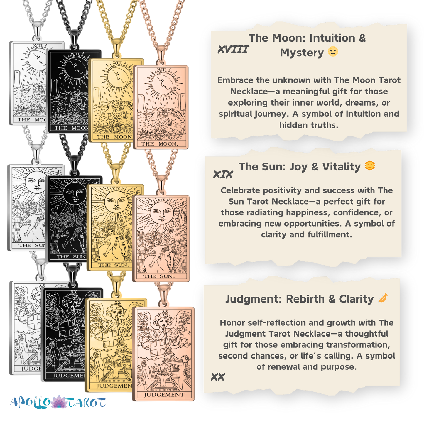 Major Arcana Tarot Card Necklace • Silver, Gold, Black, or Rose Gold Engraved Stainless Steel Trump Waite Cards Pendants • Witchy Jewelry • Papagaio Studio Design Shop