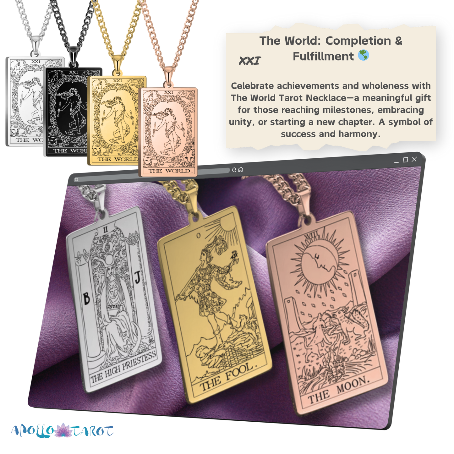 Major Arcana Tarot Card Necklace • Silver, Gold, Black, or Rose Gold Engraved Stainless Steel Trump Waite Cards Pendants • Witchy Jewelry • Papagaio Studio Design Shop