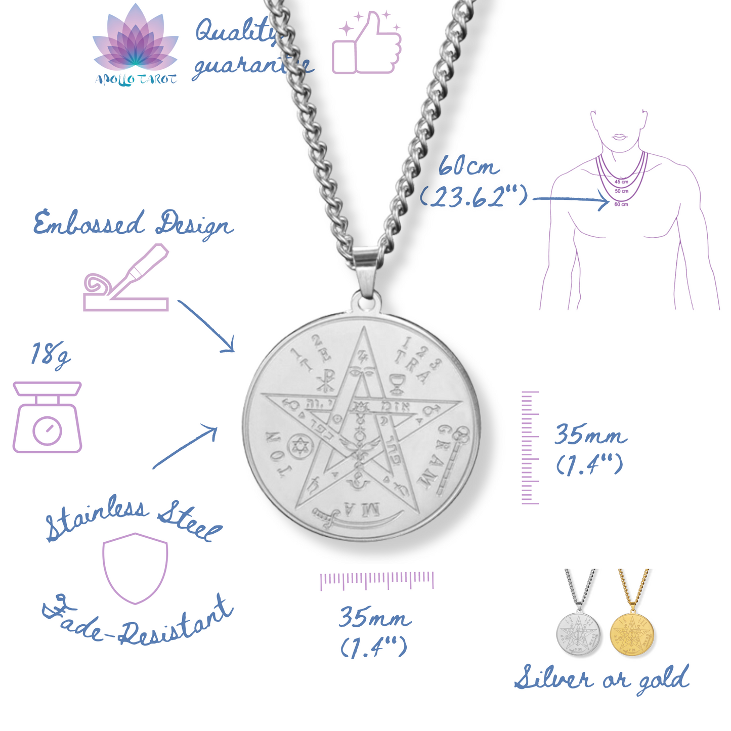 Pentagrammaton Sigil Necklace | Tetragrammaton Magick Seal Pendant | Pentagram Kabbalah 72 Names Of God Amulet Jewelry | Apollo Tarot Shop
