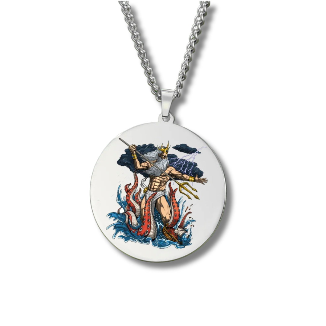 Poseidon (Neptune) Necklace • Sea God & Trident Greek Mythology Talisman • Colored Engraved Stainless-Steel Round Pendant