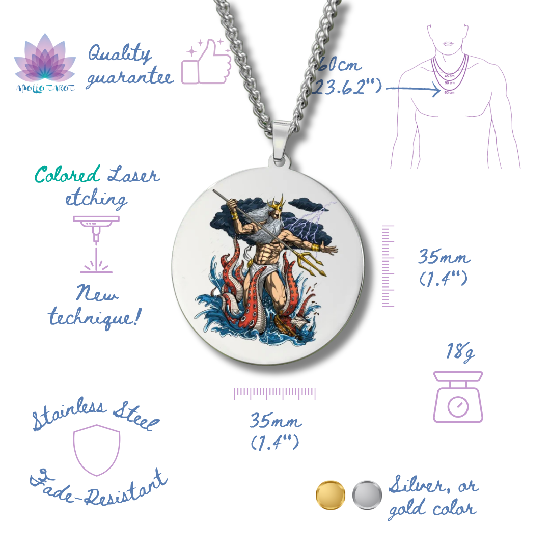 Necklace with a detailed pendant on a white background with product details.