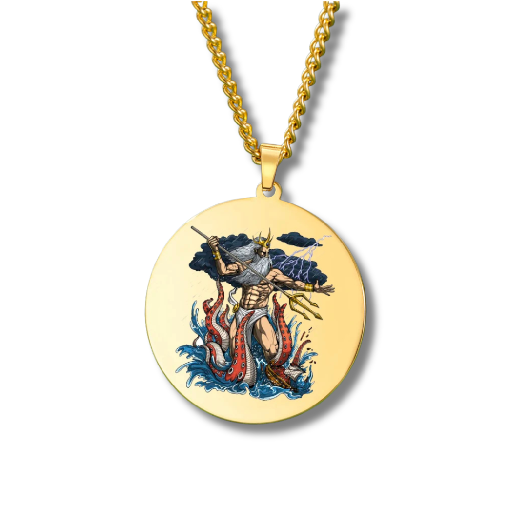 Gold necklace with a pendant featuring an illustration of a warrior on a white background
