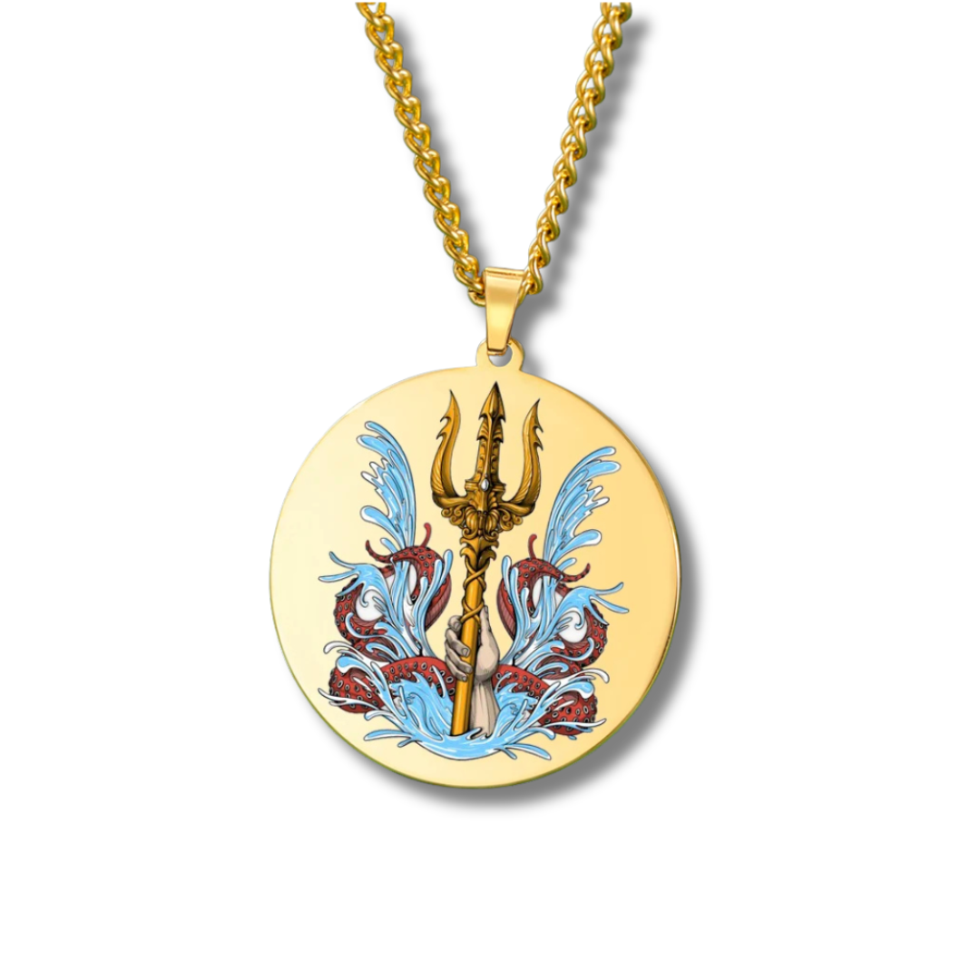 Poseidon (Neptune) Necklace • Sea God & Trident Greek Mythology Talisman • Colored Engraved Stainless-Steel Round Pendant