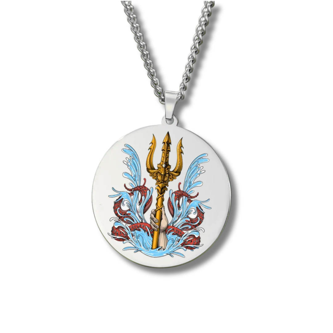 Poseidon (Neptune) Necklace • Sea God & Trident Greek Mythology Talisman • Colored Engraved Stainless-Steel Round Pendant