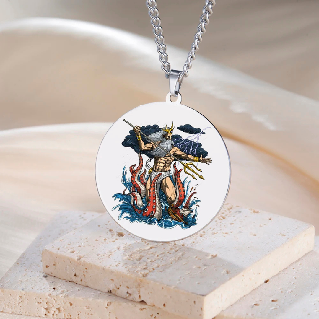 Necklace with a round pendant featuring the Greek God Poseidon design on a beige surface