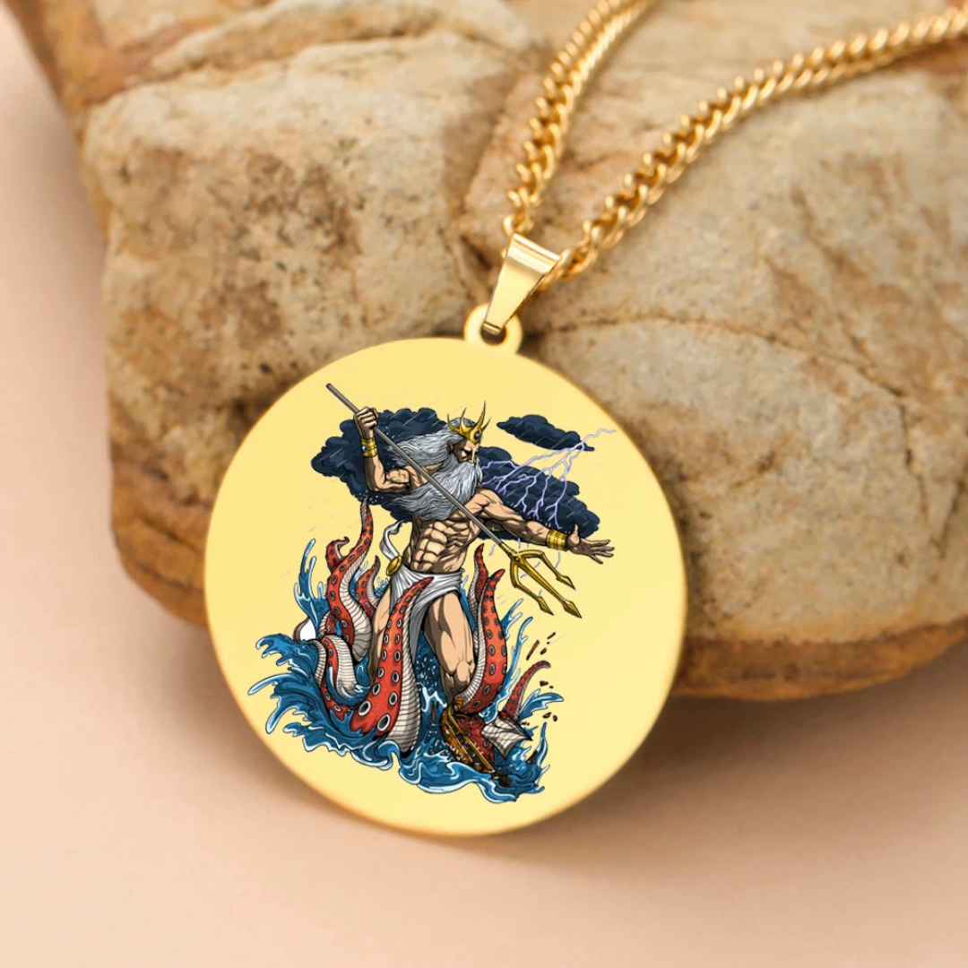 Gold necklace with the Greek God Poseidon pendant on a stone background