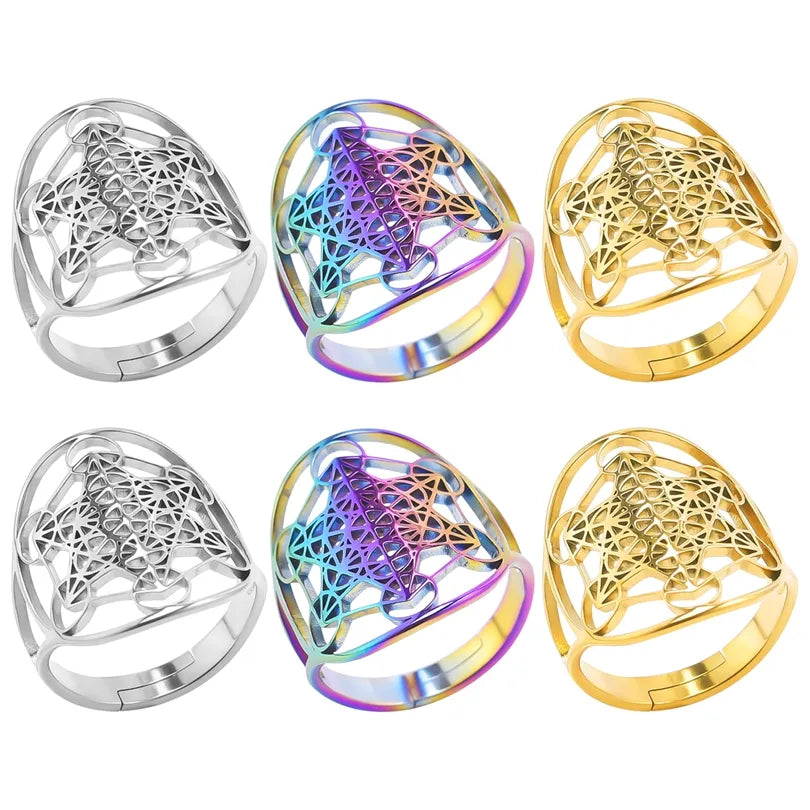 Archangel Metatron Cube Adjustable Ring โข Silver-Gold-Rainbow Colored Stainless Steel Angel Sacred Geometry Jewelry For Spiritual Men & Women โข Occult Witchy Accessory Gift โข Apollo Tarot Shop
