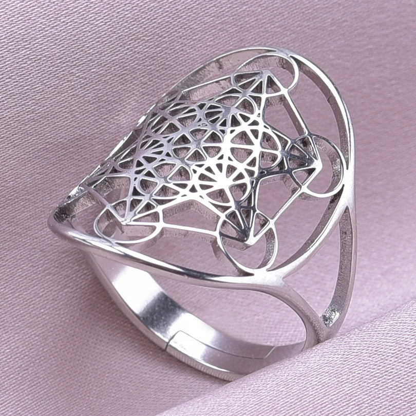 Archangel Metatron Cube Adjustable Ring โข Silver-Gold-Rainbow Colored Stainless Steel Angel Sacred Geometry Jewelry For Spiritual Men & Women โข Occult Witchy Accessory Gift โข Apollo Tarot Shop