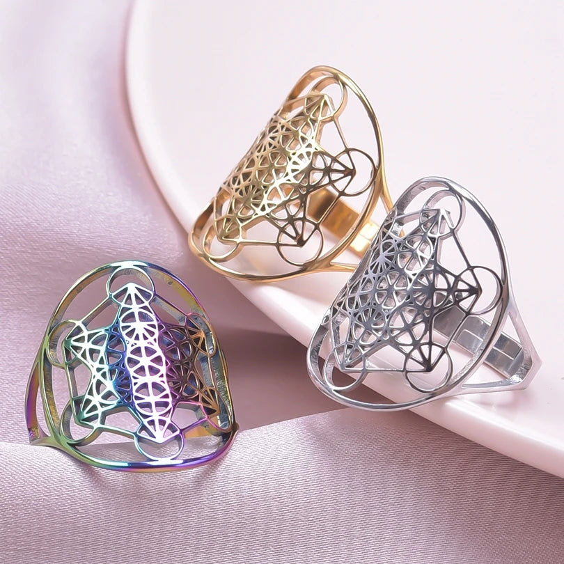 Archangel Metatron Cube Ring 5-pc Bundle โข Witchy Silver-Gold-Rainbow Adjustable Occult Magick Jewelry โข Five Sacred Geometry Rings Set โข Apollo Tarot Shop