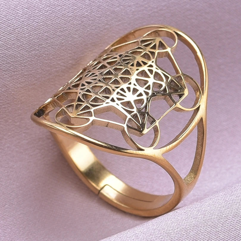 Archangel Metatron Cube Ring 5-pc Bundle โข Witchy Silver-Gold-Rainbow Adjustable Occult Magick Jewelry โข Five Sacred Geometry Rings Set โข Apollo Tarot Shop