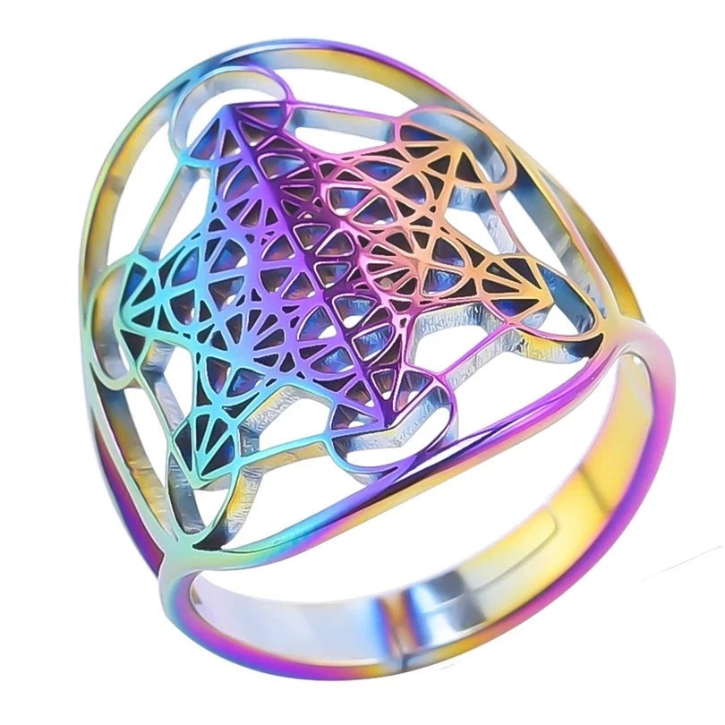 Archangel Metatron Cube Ring 5-pc Bundle โข Witchy Silver-Gold-Rainbow Adjustable Occult Magick Jewelry โข Five Sacred Geometry Rings Set โข Apollo Tarot Shop
