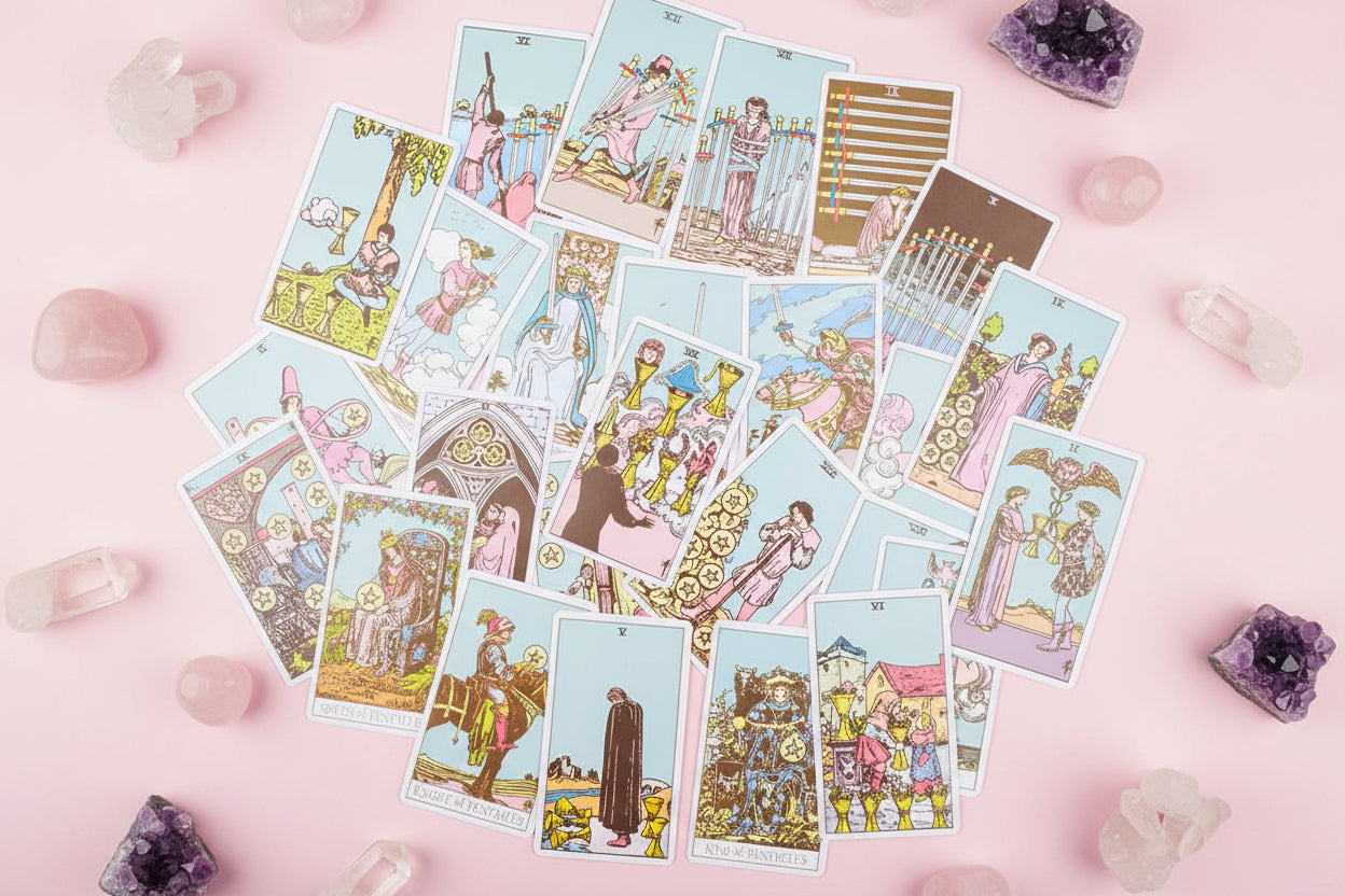 Collection of tarot cards with colorful illustrations on a white background