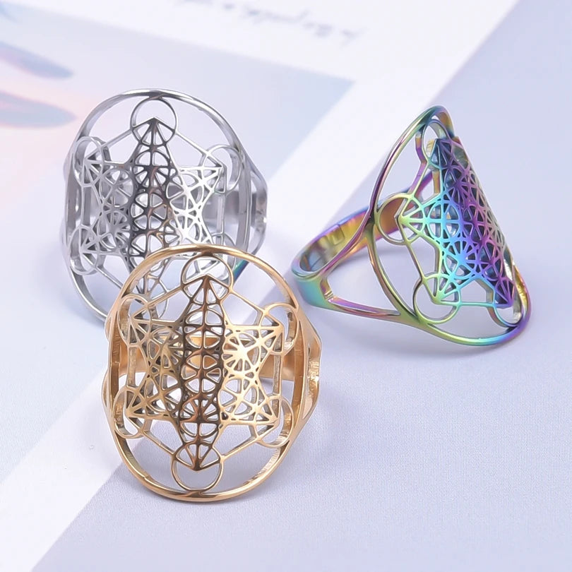 Archangel Metatron Cube Ring 5-pc Bundle โข Witchy Silver-Gold-Rainbow Adjustable Occult Magick Jewelry โข Five Sacred Geometry Rings Set โข Apollo Tarot Shop