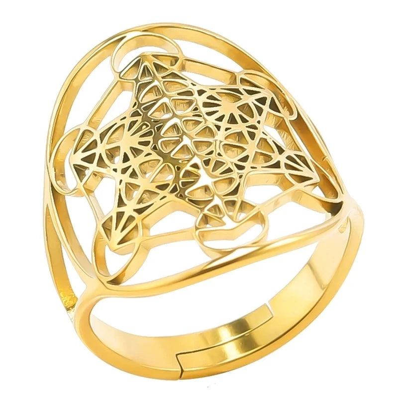 Archangel Metatron Cube Ring 5-pc Bundle โข Witchy Silver-Gold-Rainbow Adjustable Occult Magick Jewelry โข Five Sacred Geometry Rings Set โข Apollo Tarot Shop