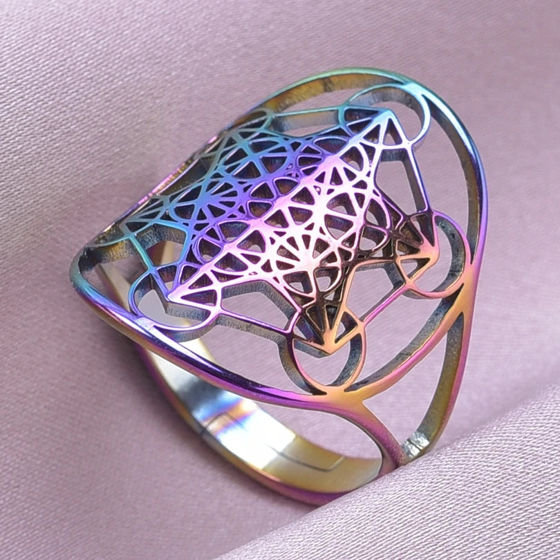 Archangel Metatron Cube Ring 5-pc Bundle โข Witchy Silver-Gold-Rainbow Adjustable Occult Magick Jewelry โข Five Sacred Geometry Rings Set โข Apollo Tarot Shop