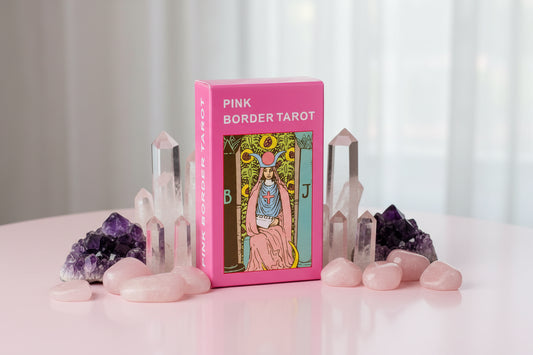 Pink Border Tarot card box with tarot card illustration on a white background