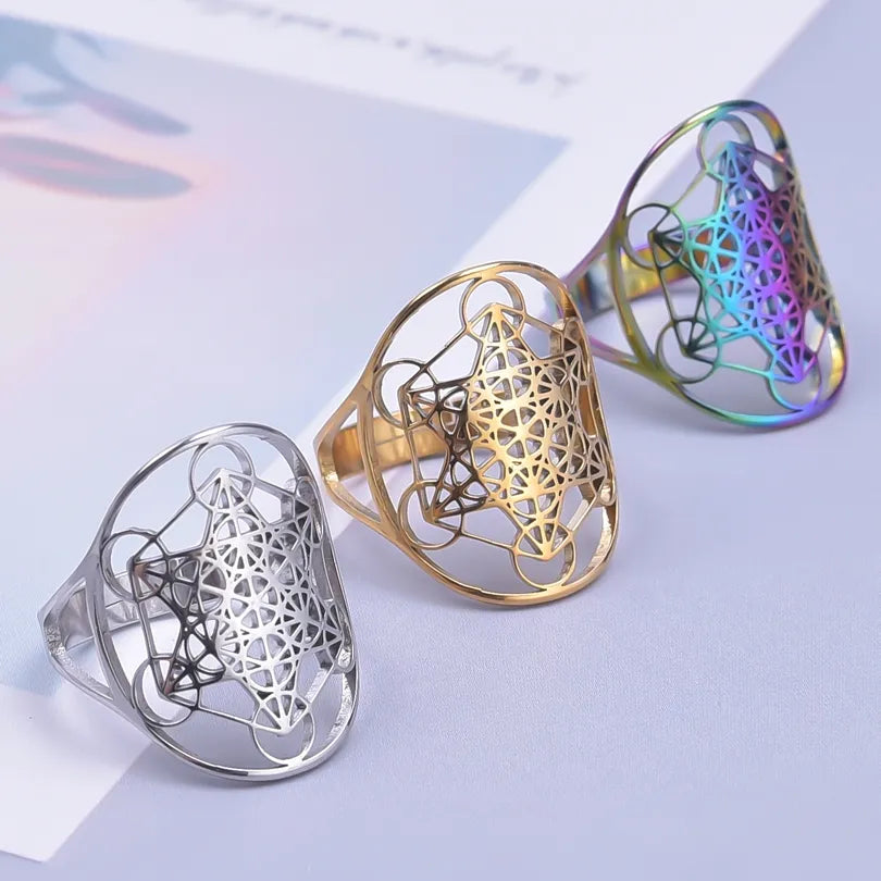 Archangel Metatron Cube Ring 5-pc Bundle โข Witchy Silver-Gold-Rainbow Adjustable Occult Magick Jewelry โข Five Sacred Geometry Rings Set โข Apollo Tarot Shop