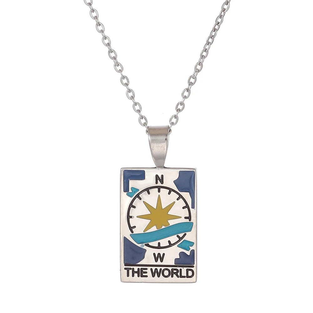 Tarot Card Necklace Of The World, Lovers, Star, Fortune & Moon Cards In Silver Or Gold Plated Stainless Steel • Dainty Chain Witchy Pendant • Apollo Tarot Online Shop