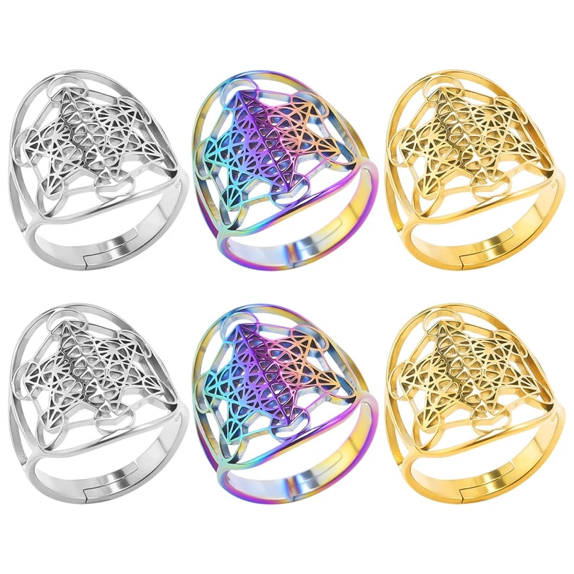 Archangel Metatron Cube Ring 5-pc Bundle โข Witchy Silver-Gold-Rainbow Adjustable Occult Magick Jewelry โข Five Sacred Geometry Rings Set โข Apollo Tarot Shop