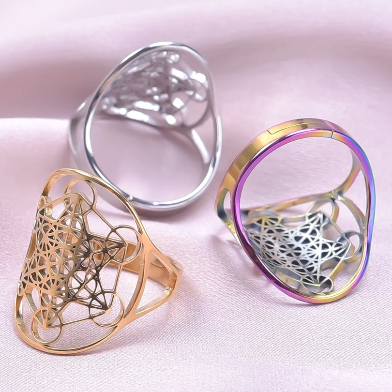 Archangel Metatron Cube Ring 5-pc Bundle โข Witchy Silver-Gold-Rainbow Adjustable Occult Magick Jewelry โข Five Sacred Geometry Rings Set โข Apollo Tarot Shop
