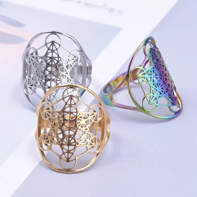Archangel Metatron Cube Adjustable Ring โข Silver-Gold-Rainbow Colored Stainless Steel Angel Sacred Geometry Jewelry For Spiritual Men & Women โข Occult Witchy Accessory Gift โข Apollo Tarot Shop